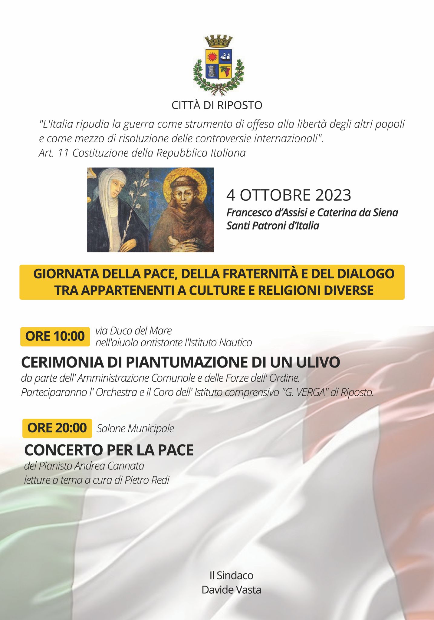 Il 4 ottobre Riposto celebra il giorno di San Francesco con la piantumazione di un ulivo ed un concerto per la pace