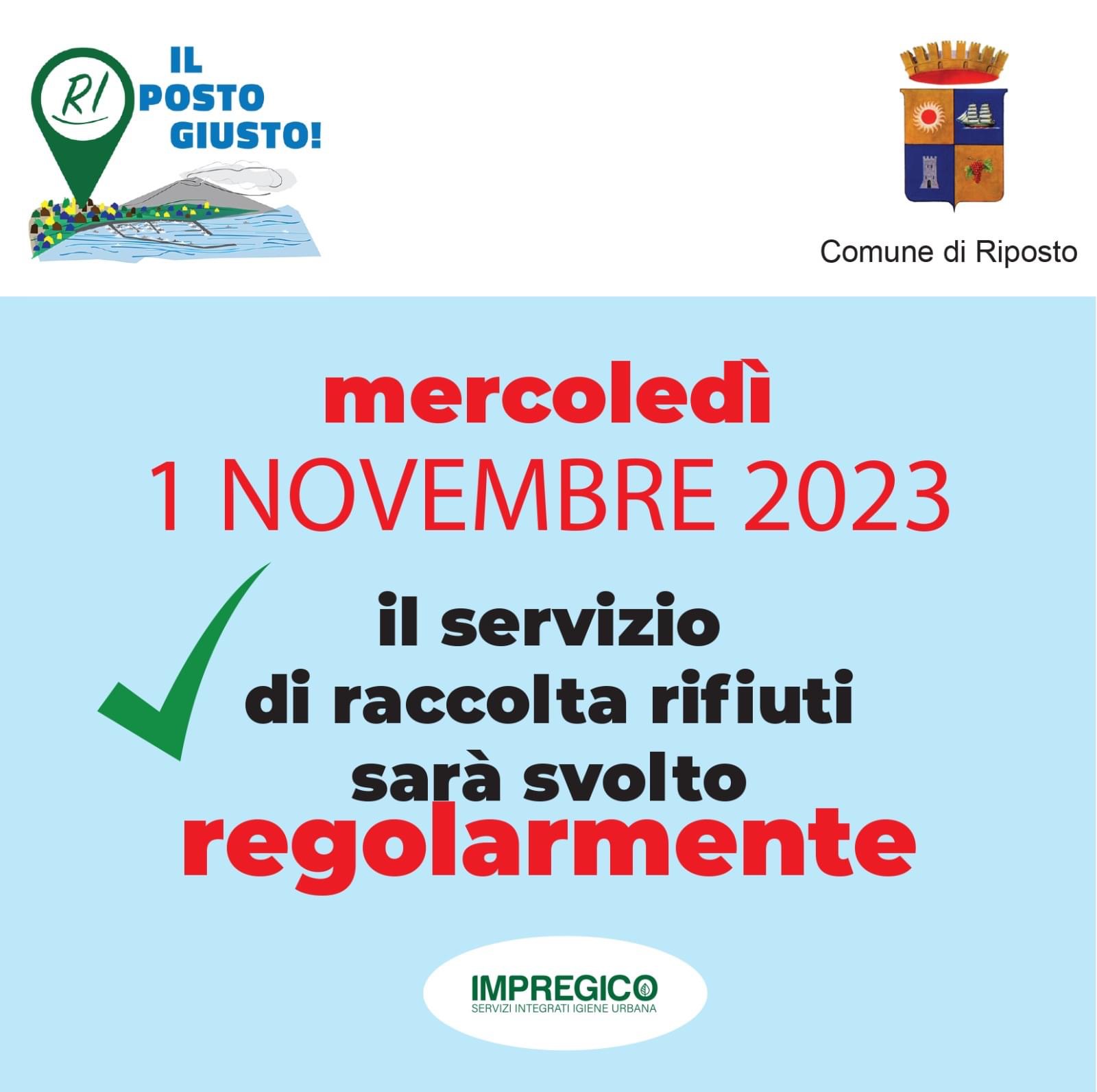 Mercoledì 1 novembre il servizio di raccolta rifiuti sarà svolto regolarmente 