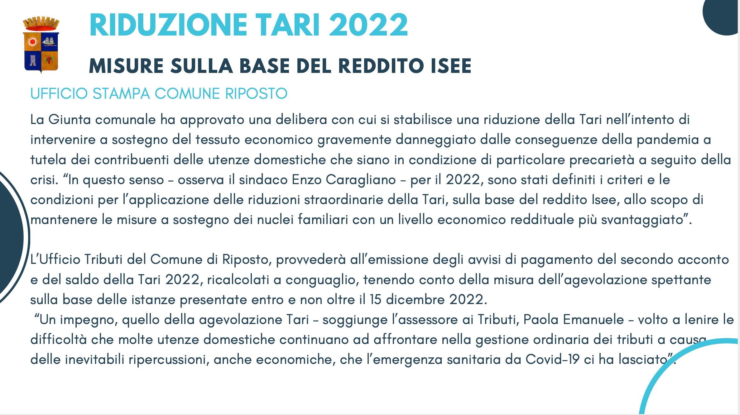 Riduzione tari 2022 utenze domestiche  