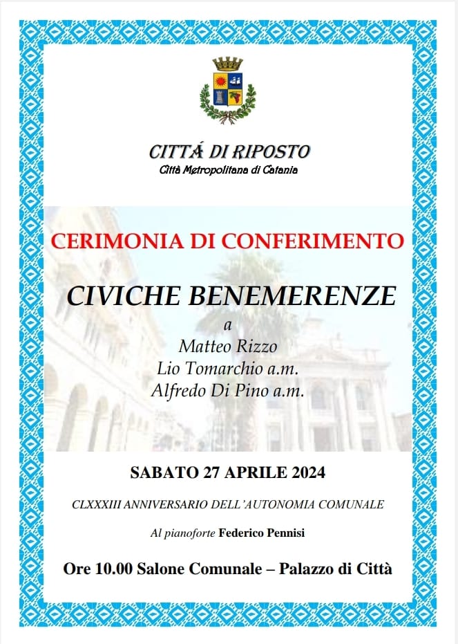 Sabato 27 aprile al Palazzo di Città cerimonia di conferimento delle civiche benemerenze