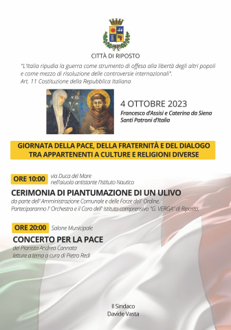 Il 4 ottobre Riposto celebra il giorno di San Francesco con la piantumazione di un ulivo ed un concerto per la pace