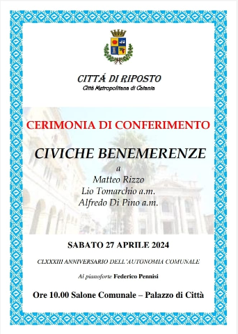 Sabato 27 aprile al Palazzo di Città cerimonia di conferimento delle civiche benemerenze